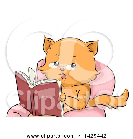 Clipart of a Ginger Cat Wearing Glasses, Sitting in a Chair and Reading a Book - Royalty Free Vector Illustration by BNP Design Studio