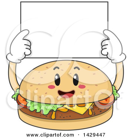 Clipart of a Happy Cheeseburger Holding up a Blank Sign - Royalty Free Vector Illustration by BNP Design Studio