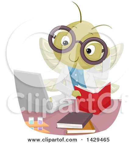 Clipart of a Scientist Cricket Reading a Book and Using a Laptop in a Laboratory - Royalty Free Vector Illustration by BNP Design Studio