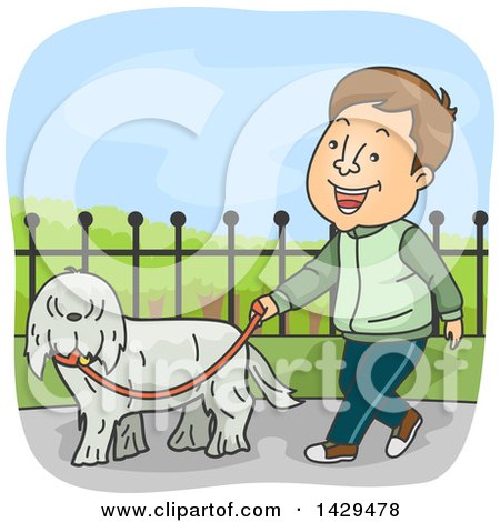 Clipart of a Cartoon Happy Caucasian Man Walking His Dog - Royalty Free Vector Illustration by BNP Design Studio
