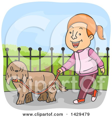 Clipart of a Cartoon Happy Caucasian Woman Walking Her Dog - Royalty Free Vector Illustration by BNP Design Studio