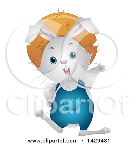 Clipart of a Happy White Farmer Rabbit Waving - Royalty Free Vector Illustration by BNP Design Studio