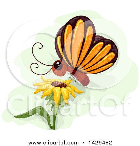 Clipart of a Cute Butterfly Landing on a Sunflower - Royalty Free Vector Illustration by BNP Design Studio