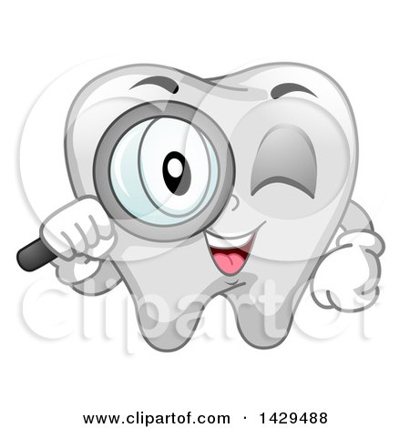 Clipart of a Happy Tooth Mascot Character Looking Through a Magnifying Glass - Royalty Free Vector Illustration by BNP Design Studio