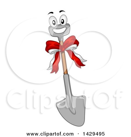 Clipart of a Happy Shovel Mascot with a Groundbreaking Ribbon - Royalty Free Vector Illustration by BNP Design Studio