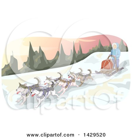 Clipart of a Sled Dog Team in the Mountains - Royalty Free Vector Illustration by BNP Design Studio