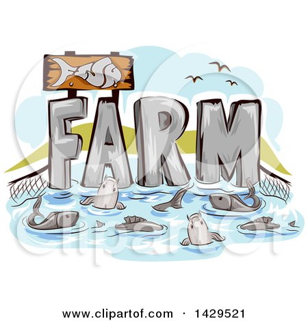 Clipart of a Net and Farm Text with Fish - Royalty Free Vector Illustration by BNP Design Studio