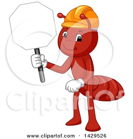Clipart of a Worker Ant Wearing a Hard Hat and Holding a Sign - Royalty Free Vector Illustration by BNP Design Studio