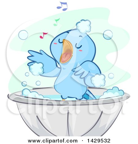 Clipart of a Happy Blue Bird Singing and Taking a Bath - Royalty Free Vector Illustration by BNP Design Studio