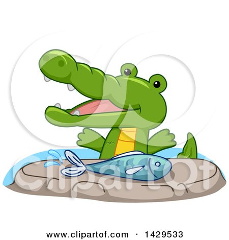Clipart of a Cartoon Happy Crocodile About to Eat a Fish - Royalty Free Vector Illustration by BNP Design Studio
