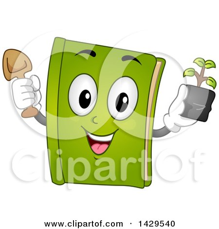 Clipart of a Green Gardening Book Mascot Holding a Plant and Shovel - Royalty Free Vector Illustration by BNP Design Studio