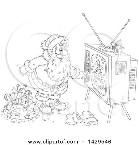 Clipart of Cartoon Black and White Lineart Santa Claus Turning on a Tv While Delivering Christmas Gifts - Royalty Free Vector Illustration by Alex Bannykh