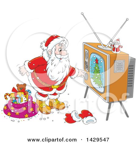 Clipart of Cartoon Santa Claus Turning on a Tv While Delivering Christmas Gifts - Royalty Free Vector Illustration by Alex Bannykh