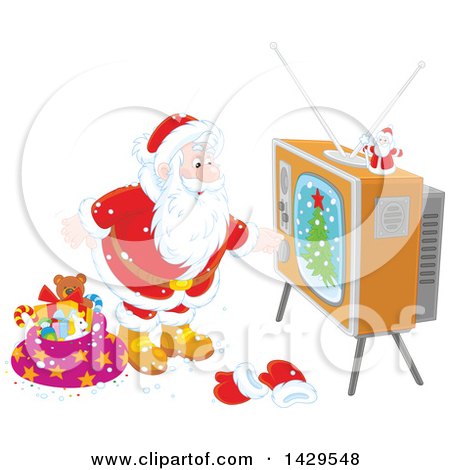 Clipart of Santa Claus Turning on a Tv While Delivering Christmas Gifts - Royalty Free Vector Illustration by Alex Bannykh