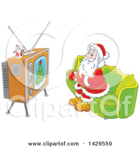 Clipart of Cartoon Santa Claus Sitting on a Sofa and Watching Tv - Royalty Free Vector Illustration by Alex Bannykh