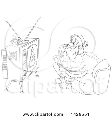 Clipart of Cartoon Black and White Lineart Santa Claus Sitting on a Sofa and Watching Tv - Royalty Free Vector Illustration by Alex Bannykh