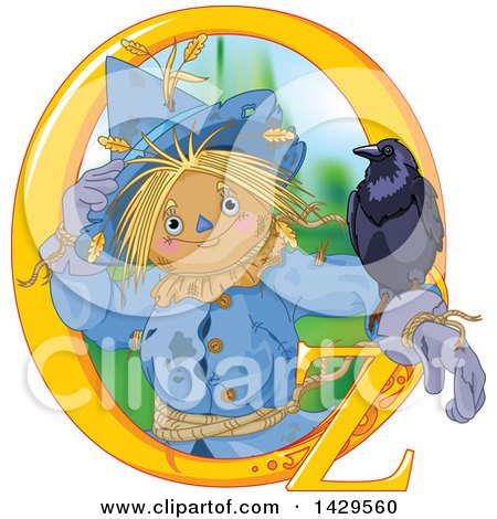 Clipart of a Scarecrow and Bird in an OZ Text Frame - Royalty Free Vector Illustration by Pushkin