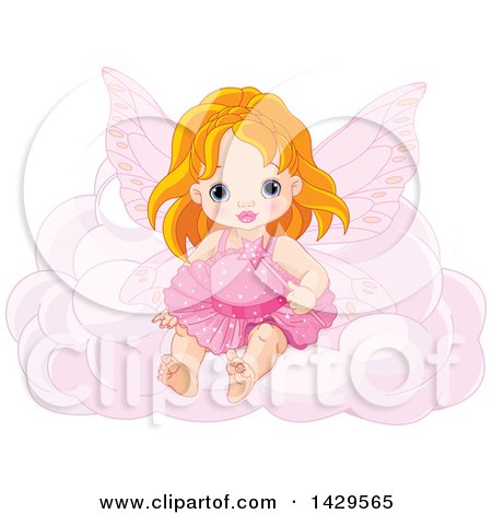 Clipart of a Cute Red Haired Caucasian Toddler Fairy Girl Sitting on a Pink Cloud - Royalty Free Vector Illustration by Pushkin