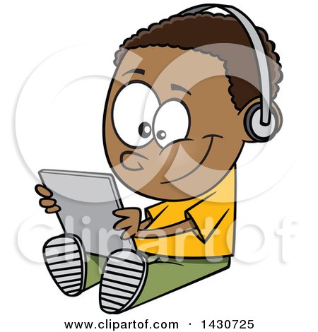 Clipart of a Cartoon Black Boy Sitting on the Floor and Playing with a Tablet, or Listening to an Audio Book - Royalty Free Vector Illustration by toonaday