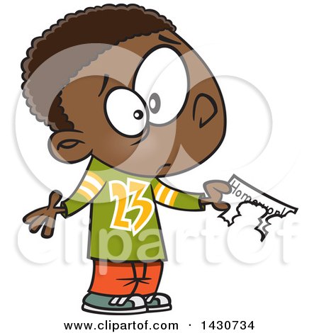 Clipart of a Cartoon Black Boy Showing That His Dog Ate His Homework - Royalty Free Vector Illustration by toonaday