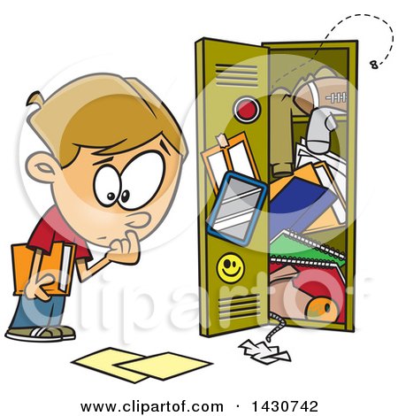 Clipart of a Cartoon White School Boy at a Messy Locker - Royalty Free Vector Illustration by toonaday