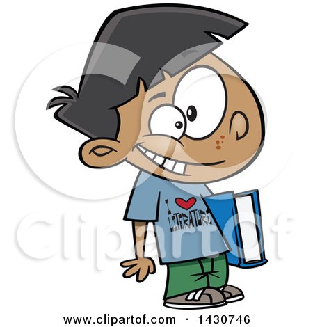 Clipart of a Cartoon School Boy Wearing an I Love Literature Shirt - Royalty Free Vector Illustration by toonaday