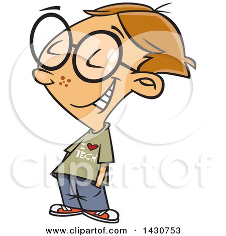 Clipart of a Cartoon White School Boy Wearing an I Love Tech Shirt - Royalty Free Vector Illustration by toonaday