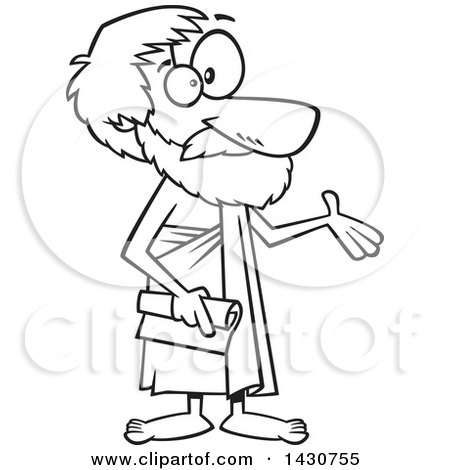 Clipart of a Cartoon Black and White Lineart Greek Philosopher, Aristotle, Presenting - Royalty Free Vector Illustration by toonaday