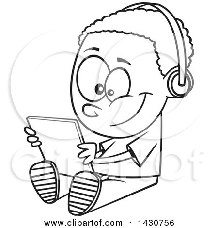 Clipart of a Cartoon Black and White Lineart Boy Sitting on the Floor and Playing with a Tablet, or Listening to an Audio Book - Royalty Free Vector Illustration by toonaday