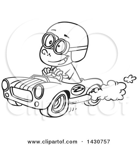 Clipart of a Cartoon Black and White Lineart Boy Driving a Race Car - Royalty Free Vector Illustration by toonaday