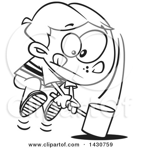 Clipart of a Cartoon Black and White Lineart Boy Swinging a Hammer down - Royalty Free Vector Illustration by toonaday