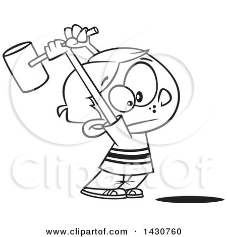 Clipart of a Cartoon Black and White Lineart Boy Swinging a Hammer up - Royalty Free Vector Illustration by toonaday