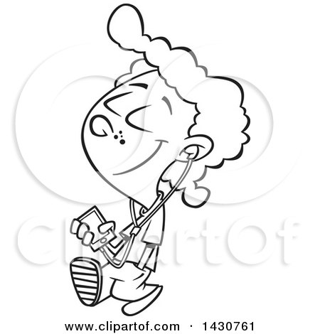 Clipart of a Cartoon Black and White Lineart Boy Walking and Listening to Music on an Mp3 Player - Royalty Free Vector Illustration by toonaday
