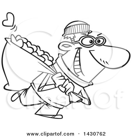Clipart of a Cartoon Black and White Lineart Robber Man Stealing Hearts - Royalty Free Vector Illustration by toonaday