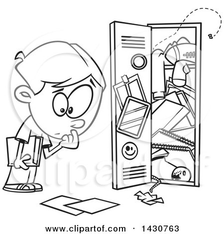 Clipart of a Cartoon Black and White Lineart School Boy at a Messy Locker - Royalty Free Vector Illustration by toonaday