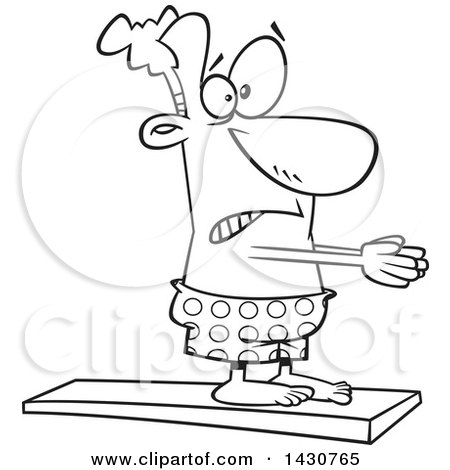 Clipart of a Cartoon Black and White Lineart Scared Man on a Diving Board - Royalty Free Vector Illustration by toonaday