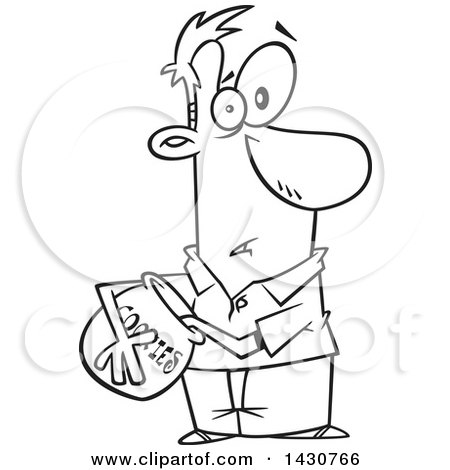 Clipart of a Cartoon Black and White Lineart Man Caught with His Hand in the Cookie Jar - Royalty Free Vector Illustration by toonaday