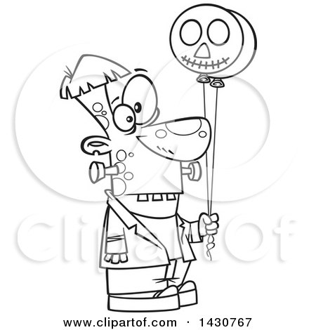 Clipart of a Cartoon Black and White Lineart Frankenstein Holding Balloons - Royalty Free Vector Illustration by toonaday