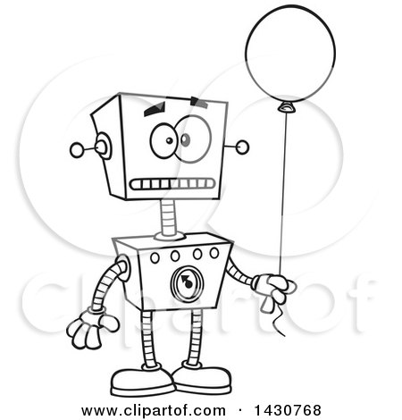 Clipart of a Cartoon Black and White Lineart Birthday Robot Holding a Balloon - Royalty Free Vector Illustration by toonaday