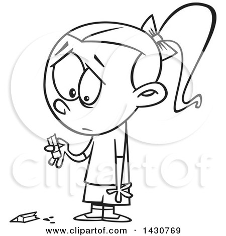 Clipart of a Cartoon Black and White Lineart Sad Girl Holding a Broken Pencil - Royalty Free Vector Illustration by toonaday