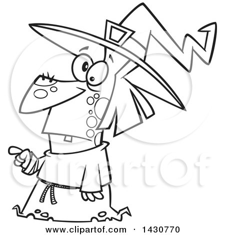 Clipart of a Cartoon Black and White Lineart Warty Witch Pointing - Royalty Free Vector Illustration by toonaday
