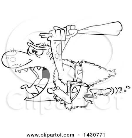 Clipart of a Cartoon Black and White Lineart Angry Ogre Running with a Club - Royalty Free Vector Illustration by toonaday