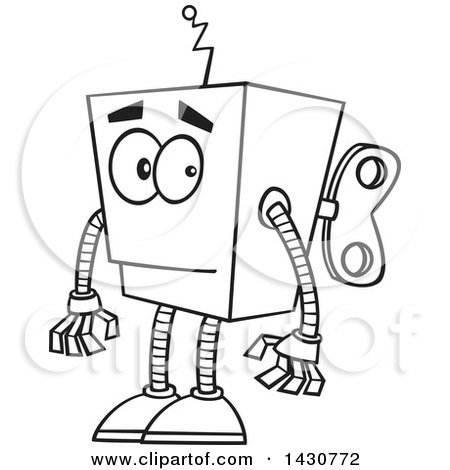 Clipart of a Cartoon Black and White Lineart Low Tech Boxy Robot - Royalty Free Vector Illustration by toonaday