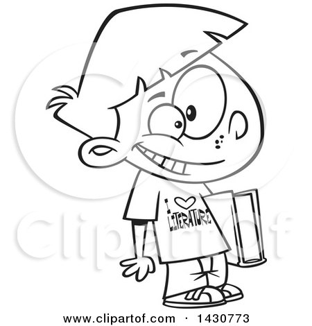 Clipart of a Cartoon Black and White Lineart School Boy Wearing an I Love Literature Shirt - Royalty Free Vector Illustration by toonaday