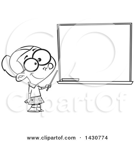 Clipart of a Cartoon Black and White Lineart School Girl Pretending to Be a Teacher, Standing by a Chalk Board - Royalty Free Vector Illustration by toonaday