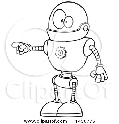 Clipart of a Cartoon Black and White Lineart Goofy Robot Doing the Pull My Finger Joke - Royalty Free Vector Illustration by toonaday