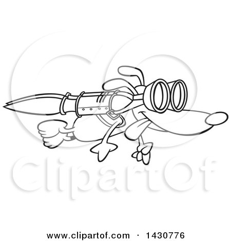 Clipart of a Cartoon Black and White Lineart Dog Flying with a Rocket on His Back - Royalty Free Vector Illustration by toonaday