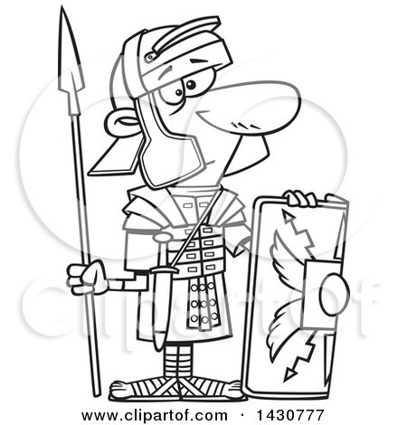 Clipart of a Cartoon Black and White Lineart Roman Soldier with a Shield and Spear - Royalty Free Vector Illustration by toonaday