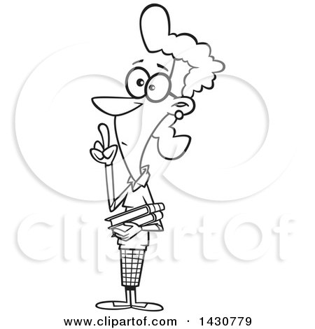 Clipart of a Cartoon Black and White Lineart Female Librarian Gesturing for Silence - Royalty Free Vector Illustration by toonaday