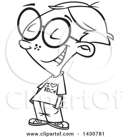 Clipart of a Cartoon Black and White Lineart School Boy Wearing an I Love Tech Shirt - Royalty Free Vector Illustration by toonaday